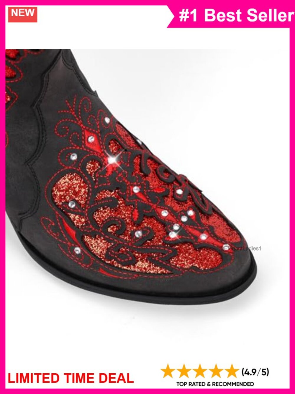 Rhinestone Cowboy Boots Women Mid Calf Chunky Heel Leather Pull-On Western - Picture 5 of 6